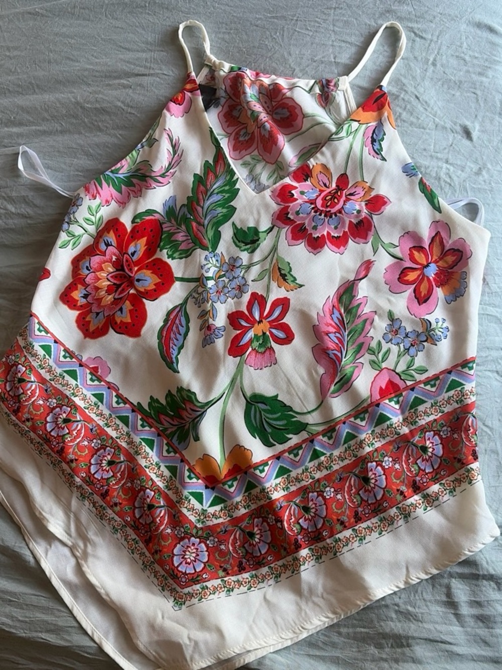 Bwear Floral Satin Cami in Ivory with Red & Green Accents